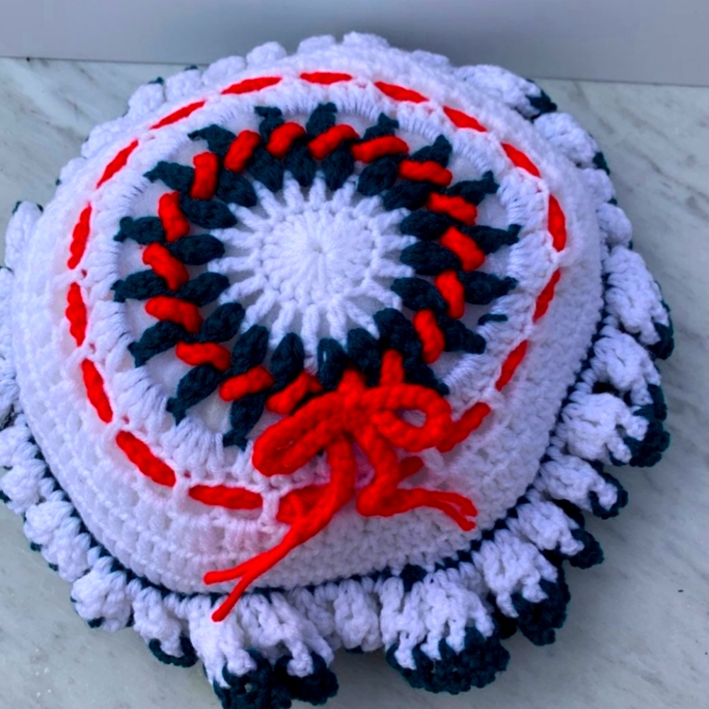 Handmade Crocheted Pillow Green white  red Round 14 Cushion Colorful